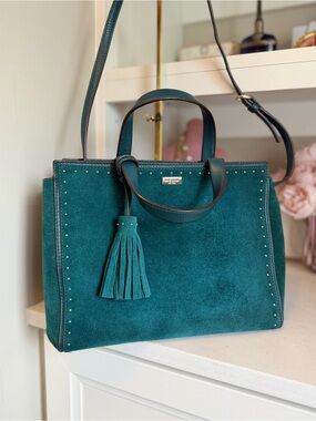 Kate Spade Gorgeous Tassel Suede Teal studded Handbag Shoulder Crossbody Bag